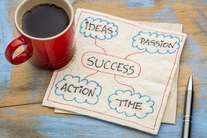 success ingredients - ideas, passion, time and action - a napkin