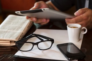 Cup Coffee Newspaper Tablet Hands Phone