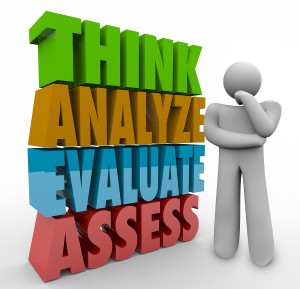 Think Analyze Evaluate Assess 3d Words beside a thinking person